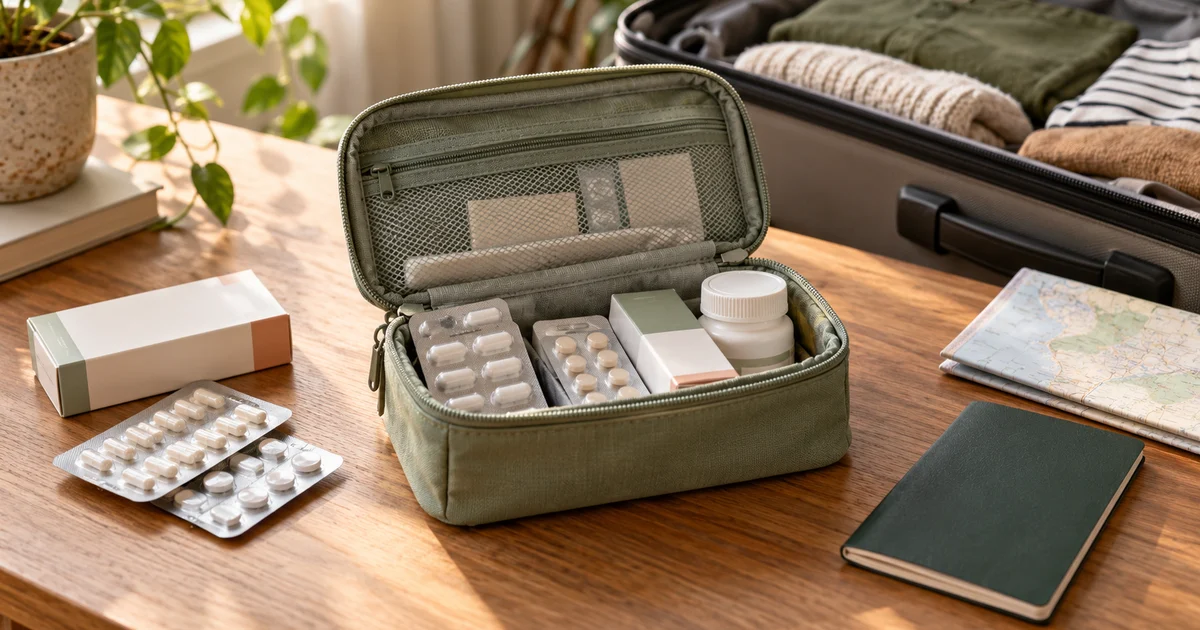 Medicine in blister packs and cartons in a travel pouch beside a suitcase